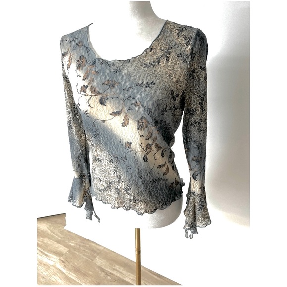 Sheer Lace Blouse, Floral Mesh, Bell Sleeve, Blue Grey & Brown Romantic Vintage - Picture 12 of 15